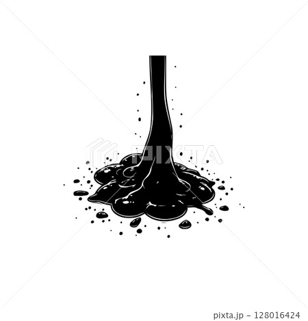 Black liquid pouring, representing crude oil, petroleum, or paint in monochrome 128016424