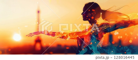 Silhouette of a person reaching out with a city skyline at sunset. 128016445