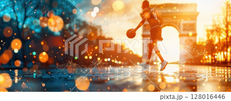 Silhouette of a person running with a basketball in front of a famous landmark. 128016446