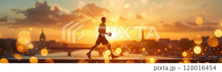 Silhouette of a runner against a city skyline at sunset. 128016454
