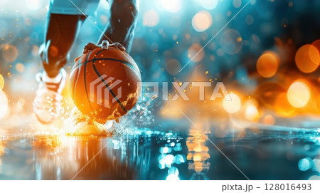 A basketball player dribbles the ball on a court, surrounded by bright lights and a blurred background.  The action and energy of the game are captured in this dynamic image. 128016493