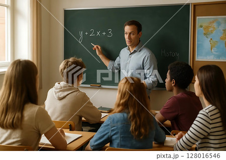 Attentive Students Listening to Teacher in Bright Classroom 128016546
