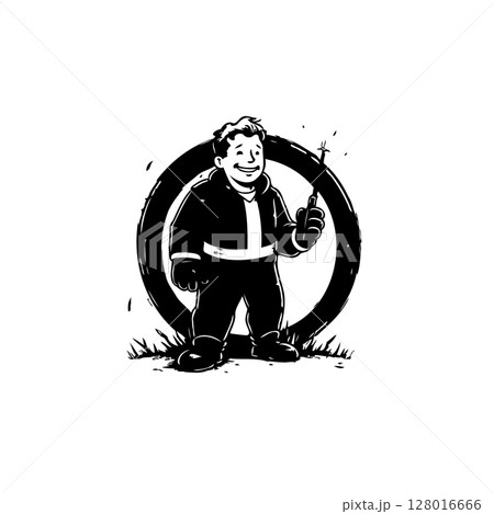 Cheerful cartoon character holding a thumbs up with circular background design 128016666