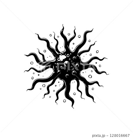 Stylized Black and White Illustration of a Virus or Microorganism with Tentacles 128016667