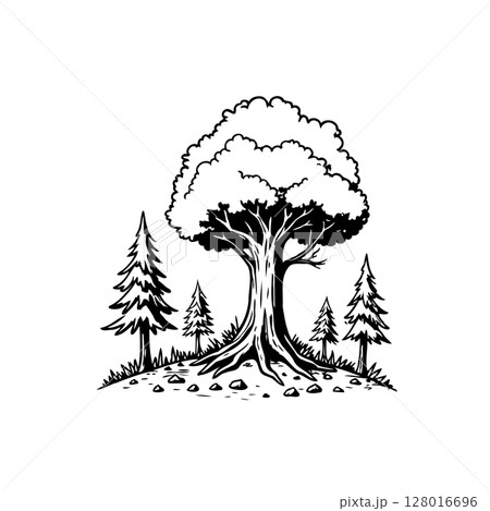 Serene forest scene featuring a large tree and several smaller evergreen trees 128016696