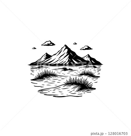 Monochromatic mountain landscape illustration evokes a sense of adventure and serenity 128016703