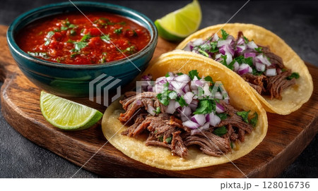 Two Beef Tacos with Salsa on Wooden Board Two Beef Tacos with Salsa on Wooden Board 128016736