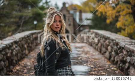 Blonde Woman with Backpack on Stone Bridge in Autumn 128016743