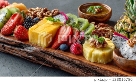 Colorful Fruit Platter with Tropical Fruits and Nuts 128016780