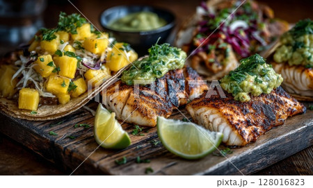 Grilled Fish Tacos with Mango Salsa and Guacamole Grilled Fish Tacos with Mango Salsa and Guacamole 128016823