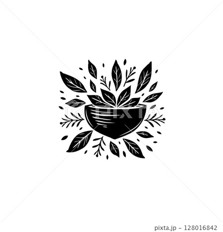 Minimalist Black and White Illustration of a Bowl Surrounded by Leaves and Branches Minimalist Black and White Illustration of a Bowl Surrounded by Leaves and Branches 128016842