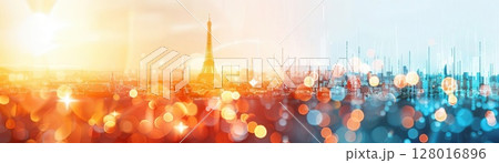 Blurry city skyline with warm and cool tones. 128016896