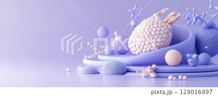 Surreal Spherical Composition with Pastel Hues and Organic Textures   A mesmerizing 3D digital art piece featuring a captivating arrangement of abstract geometric shapes and bubbles in a minimalist 128016897