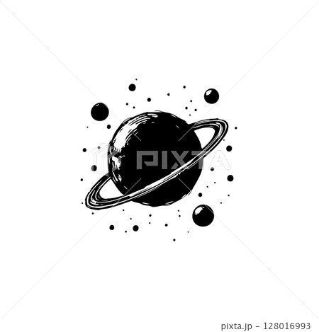Elegant Black and White Space Illustration of Planet Saturn with Rings and Stars 128016993