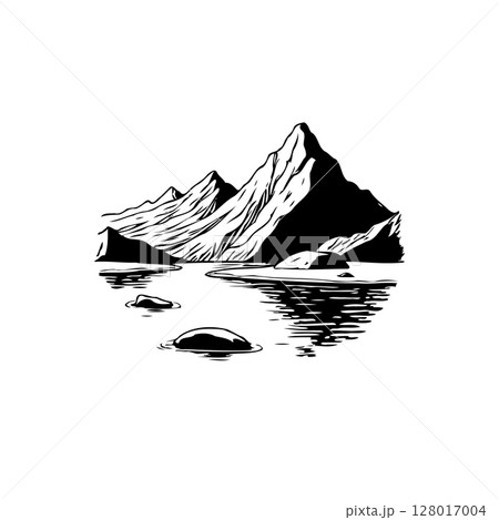 Minimalist black and white mountain range reflecting in water, serene and simple nature illustration 128017004