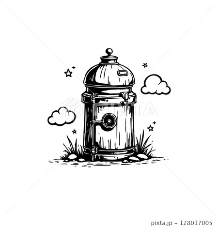 Charming vintage fire hydrant illustration with clouds and stars in black and white 128017005