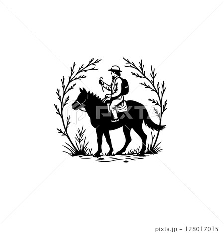 A vintage vector illustration of a person riding a horse in a forest frame 128017015