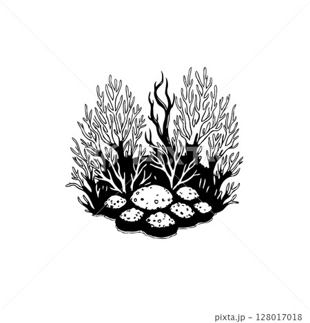 Monochrome minimalist nature illustration of trees and rocks in black and white 128017018