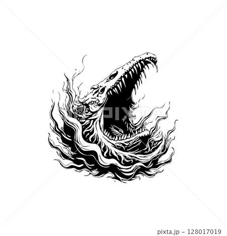 Monochromatic dragon head emerges from fiery chaos in a stylized illustration Monochromatic dragon head emerges from fiery chaos in a stylized illustration 128017019