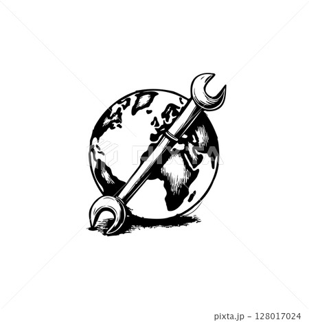 Global solutions and maintenance: wrench on the globe symbolizing repair and care 128017024