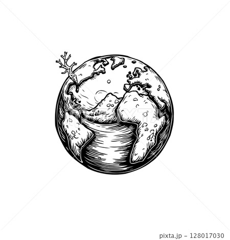 Monochrome earth illustration depicting environmental concern and fragility of nature 128017030