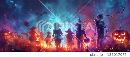 Watercolor depiction of a Halloween party with children in vibrant costumes, surrounded by soft light effects 128017075