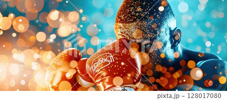 Close-up of a boxer's face with bokeh lights. 128017080