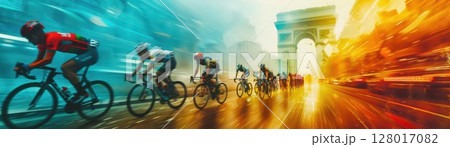 Cyclists racing past an iconic monument.  Blurred motion effect adds to the sense of speed. 128017082
