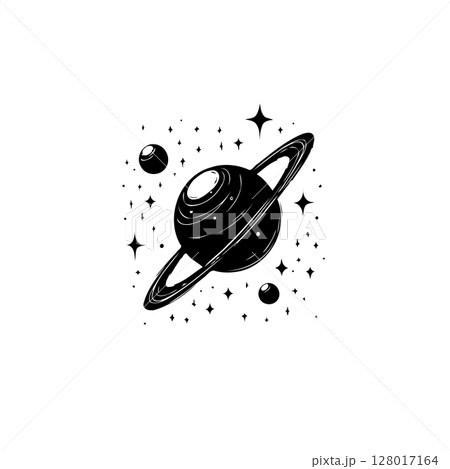 Elegant saturn planet illustration with sparkling stars and orbiting moons Elegant saturn planet illustration with sparkling stars and orbiting moons 128017164