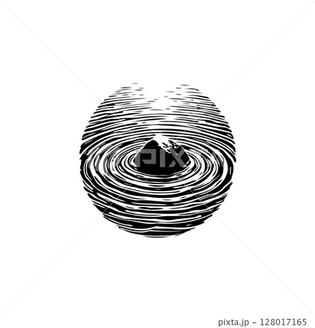 Monochrome zen: rock in water creates peaceful ripples in minimalist drawing 128017165