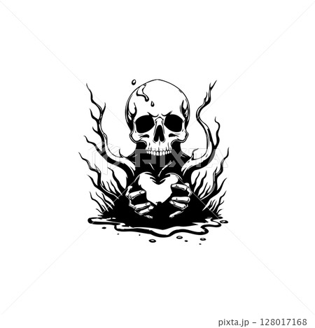 Intricate monochrome illustration of a skull holding a heart surrounded by roots Intricate monochrome illustration of a skull holding a heart surrounded by roots 128017168