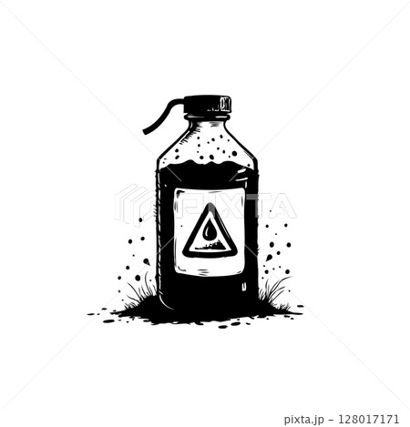 Monochrome illustration of a hazardous liquid bottle with warning label design Monochrome illustration of a hazardous liquid bottle with warning label design 128017171