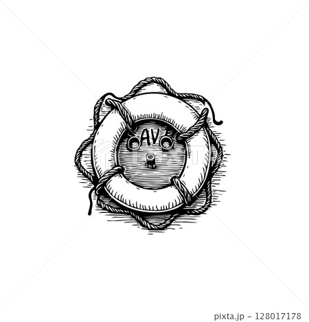 Monochrome lifebuoy illustration with intricate line work and nautical charm Monochrome lifebuoy illustration with intricate line work and nautical charm 128017178
