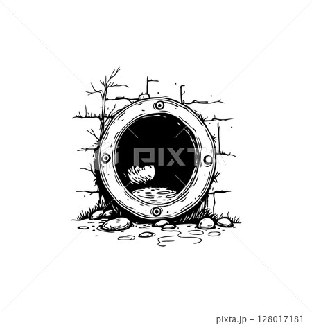 Monochrome depiction of a sewer pipe opening with a touch of eerie nature around 128017181