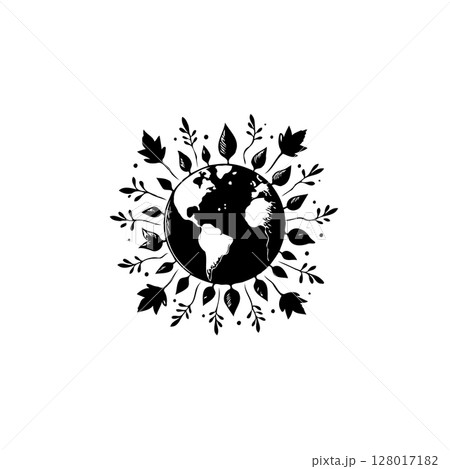 Earth day illustration featuring a black and white world globe surrounded by foliage 128017182