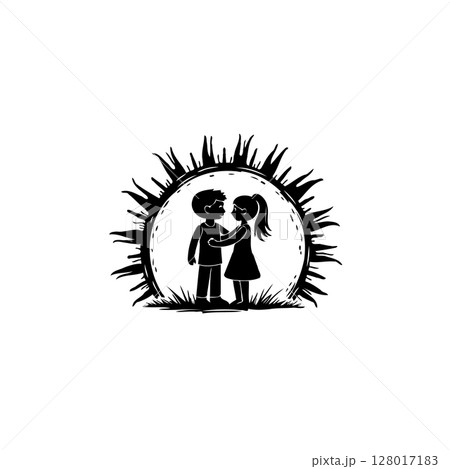 Silhouetted children in warm embrace against a sunburst vector illustration 128017183