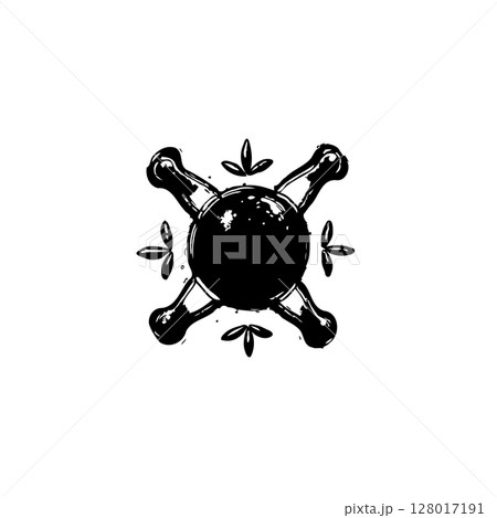 Stylized skull and crossbones emblem in black and white with vintage aesthetic design 128017191