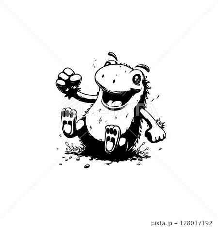Cheerful Cartoon Creature with Playful Gesture and Black and White Design 128017192