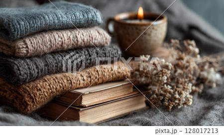 Cozy Autumn Still Life with Stacked Knitwear and Books 128017213