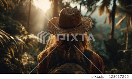 Woman in Straw Hat Exploring Lush Tropical Jungle at Sunset 128017296