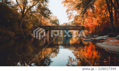 Autumn River Bridge Reflection 128017344