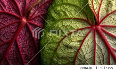 Close-Up of Red and Green Leaves with Detailed Veins Close-Up of Red and Green Leaves with Detailed Veins 128017399