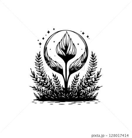 Elegant floral emblem design with celestial elements in a modern black and white style 128017414