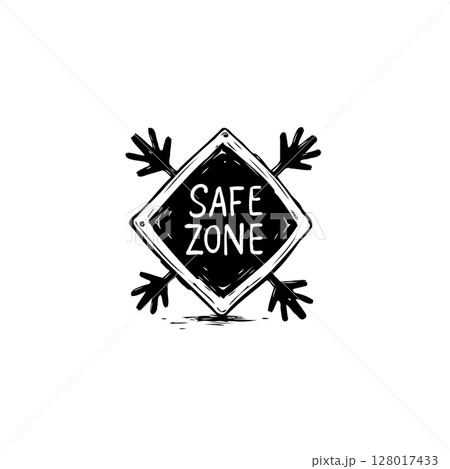 Black and white illustration of a safe zone sign with hand-like extensions Black and white illustration of a safe zone sign with hand-like extensions 128017433