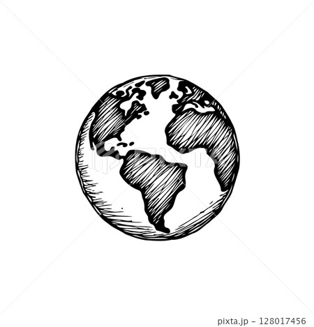 Hand-drawn globe illustration showcasing continents in a minimalist black and white design 128017456