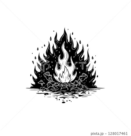 Illustration of a fiery campfire with wood logs in monochrome style art 128017461