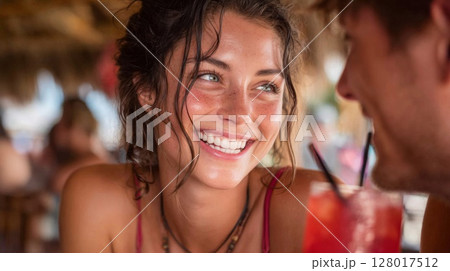 Smiling Woman and Man on a Beach Date 128017512