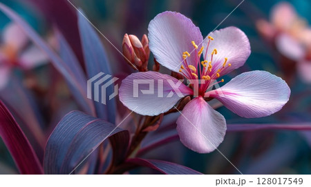 Pink Flower with Dew Drops and Purple Leaves Pink Flower with Dew Drops and Purple Leaves 128017549