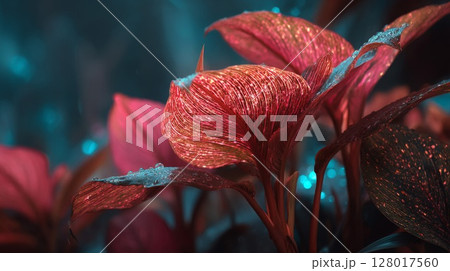 Red and Pink Tropical Plant Leaves Close Up 128017560