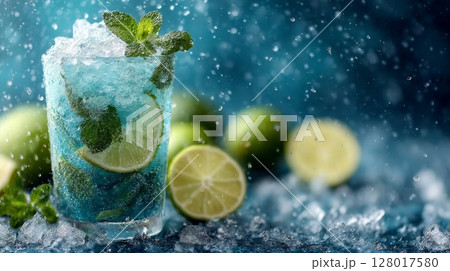 Blue Mint Lime Cocktail with Ice Cubes 128017580